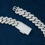 18mm Round Moissanite Cuban Link Chain ShineWeave in 14K White Gold Closeup Clasp