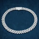 18mm Round Moissanite Cuban Link Chain Shine Weave in 14K White Gold, showcasing its brilliance and intricate design.