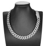 18mm Round Moissanite Cuban Link Chain ShineWeave in 14K White Gold Model Neck