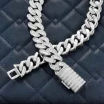 20mm Emerald Moissanite Cuban Link Chain Elite Weave in 14K White Gold Clasp Lock
