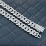 20mm Emerald Moissanite Cuban Link Chain Elite Weave in 14K White Gold Closeup Clasp Lock