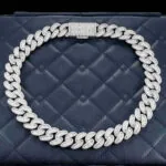 20mm Emerald Moissanite Cuban Link Chain Elite Weave in 14K White Gold Closeup Full Chain