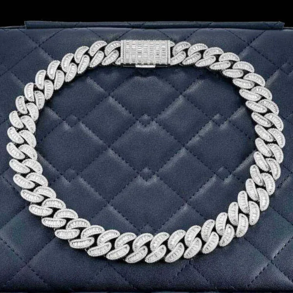 20mm Emerald Moissanite Cuban Link Chain Elite Weave in 14K White Gold Closeup Full Chain