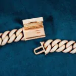 20mm Round Moissanite Cuban Link Chain Aurelon in 14K Rose Gold Back Clasp