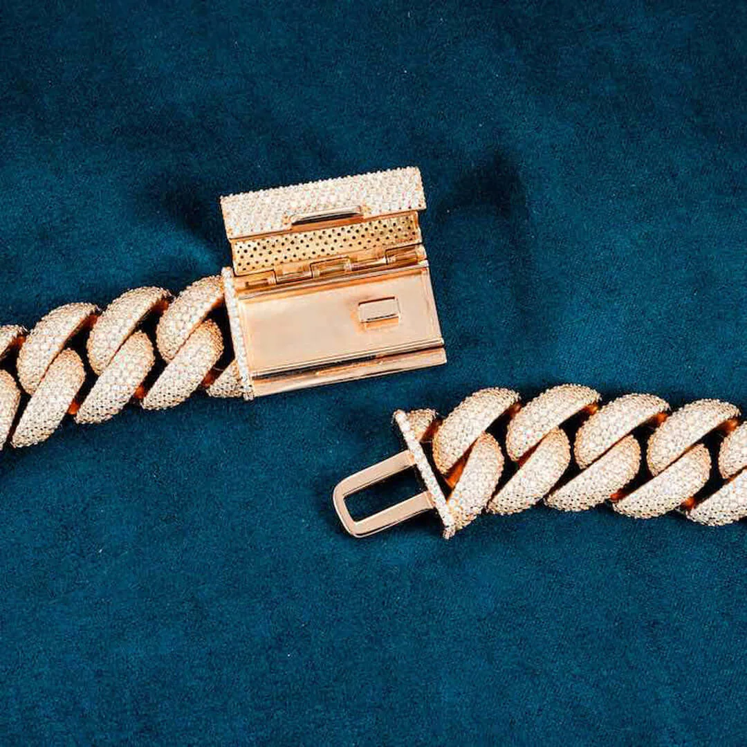 20mm Round Moissanite Cuban Link Chain Aurelon in 14K Rose Gold Back Clasp