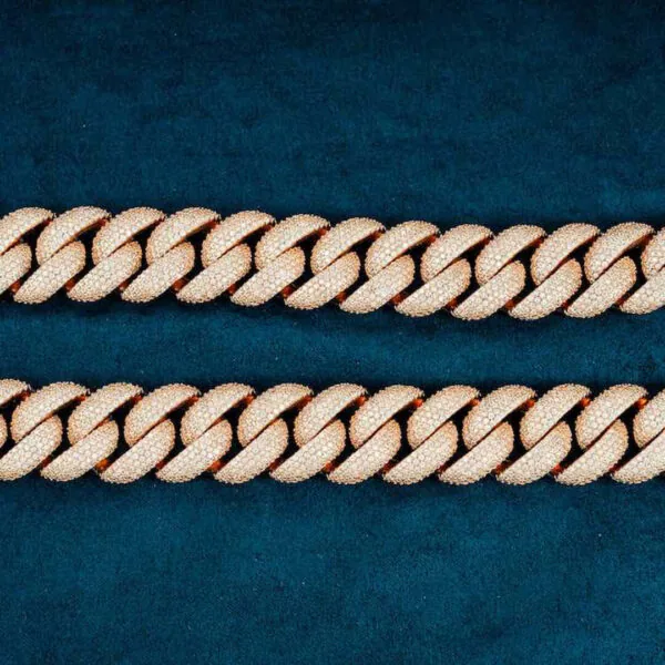 20mm Round Moissanite Cuban Link Chain Aurelon in 14K Rose Gold Closeup