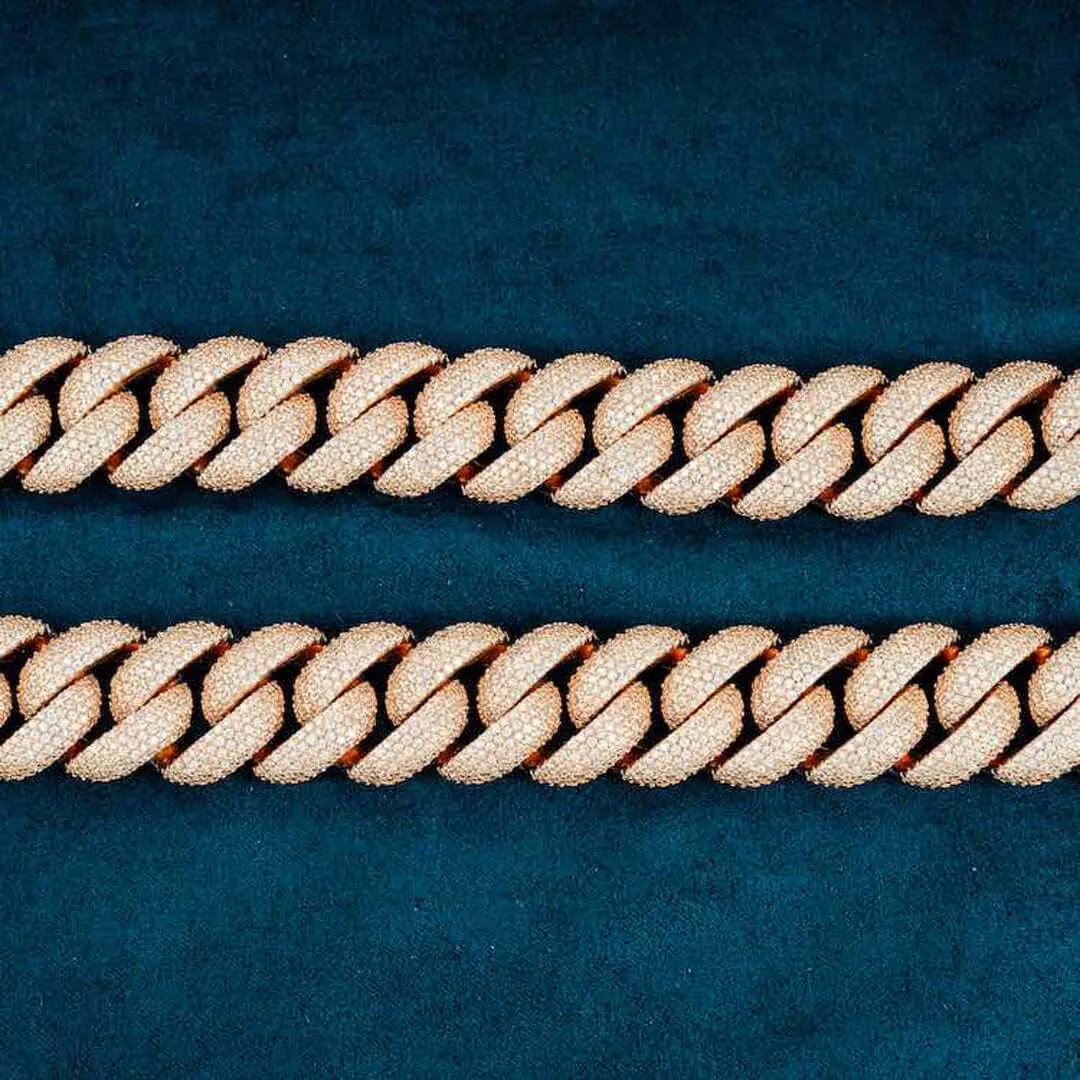 20mm Round Moissanite Cuban Link Chain Aurelon in 14K Rose Gold Closeup