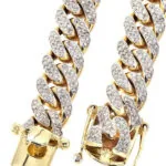 20mm Round Moissanite Cuban Link Chain Gildane in 14K Yellow Gold Closeup Clasp