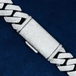 20mm Round Moissanite Cuban Link Chain GlowTwist in 14K White Gold Closeup Clasp