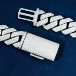 20mm Round Moissanite Cuban Link Chain GlowTwist in 14K White Gold Closeup Unlock Clasp