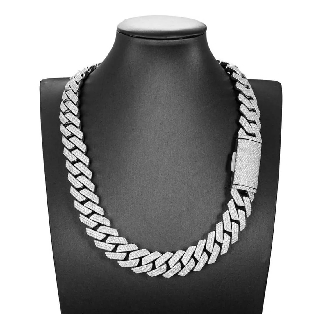 20mm Round Moissanite Cuban Link Chain GlowTwist in 14K White Gold Full Neck