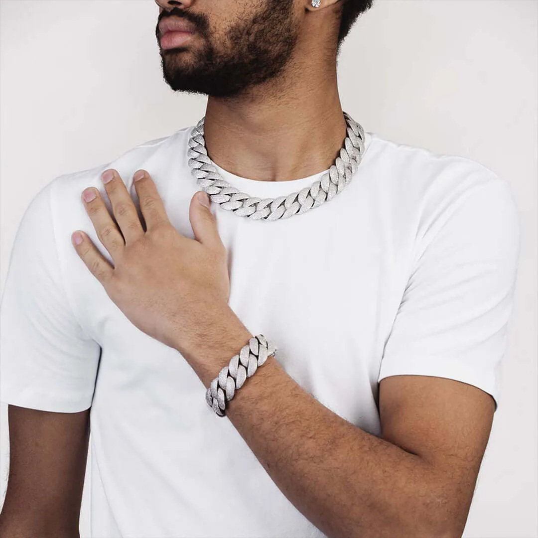 22mm Round Moissanite Cuban Link Chain ShineLock in 14K White Gold Front Side Model