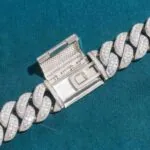 23mm Round Moissanite Cuban Link Chain Glacierlink in 14K White Gold Closeup Clasp