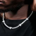 5mm Round Moissanite Tennis Chain Heartora in 14K White Gold Closeup Neck View