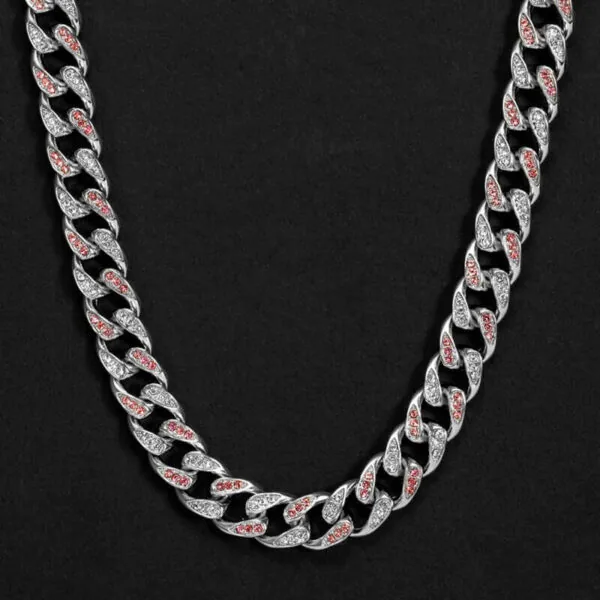 Closeup View of 14mm Round Moissanite Cuban Link Chain Crimson in 14K White Gold